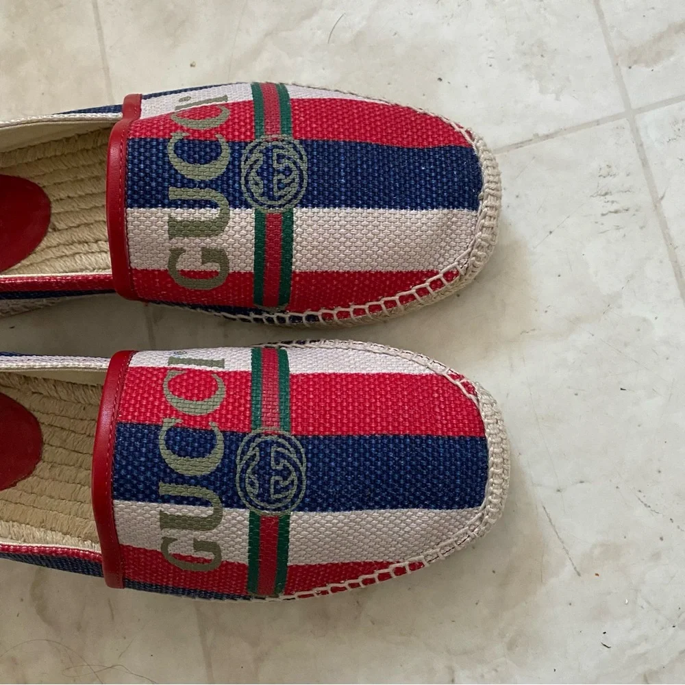 Gucci Sylvie Stripes Interlocking G Logo Canvas Leather Espadrilles Flats size 8